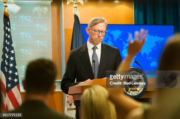 Director of Policy Planning Brian Hook fields questions from journalists during the announcement of the creation of the Iran Action Group at the...