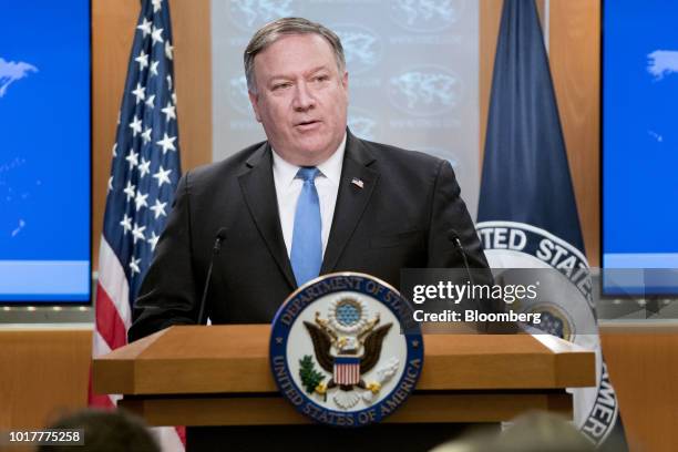 Mike Pompeo, U.S. Secretary of state, speaks in the briefing room at the State Department in Washington, D.C., U.S., on Thursday, Aug. 16, 2018....