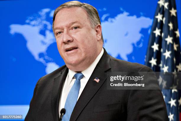 Mike Pompeo, U.S. Secretary of state, speaks in the briefing room at the State Department in Washington, D.C., U.S., on Thursday, Aug. 16, 2018....