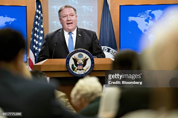 Mike Pompeo, U.S. Secretary of state, speaks in the briefing room at the State Department in Washington, D.C., U.S., on Thursday, Aug. 16, 2018....