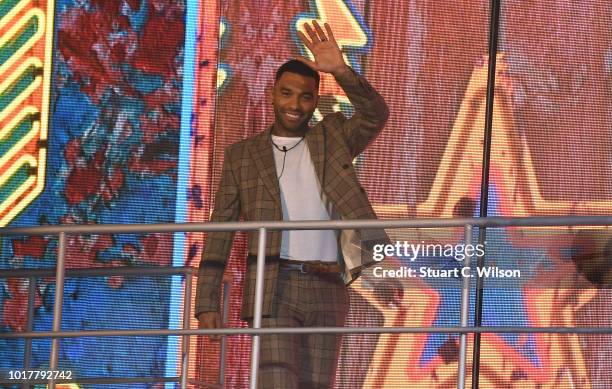 Jermaine Pennant enters the Celebrity Big Brother house at Elstree Studios on August 16, 2018 in Borehamwood, England.