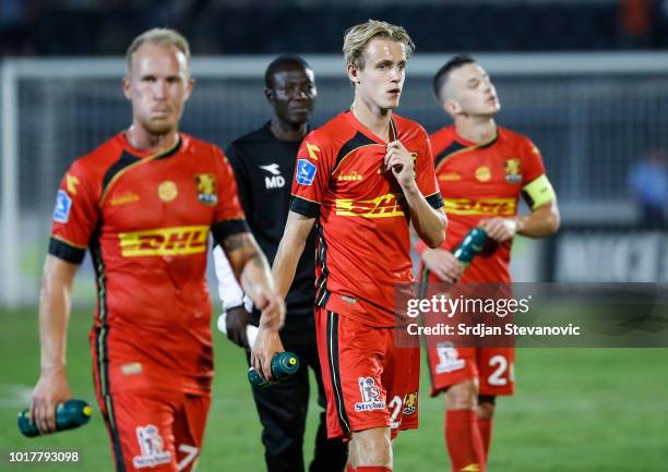 Mikkel Rygaard Jacob Christensen and Karlo Bartolec of Nordsjaelland look dejected after the UEFA Europa League Third Round Qualifier Second Leg...