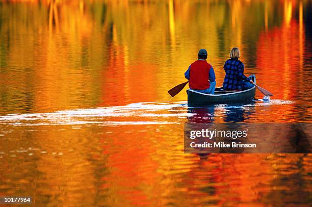 couple canoeing on lake in autumn - vermont fotografías e imágenes de stock