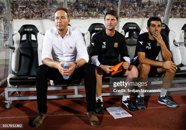 Head coach Kasper Hjulmand of Nordsjaelland looks on prior to the UEFA Europa League Third Round Qualifier Second Leg match between Partizan and...