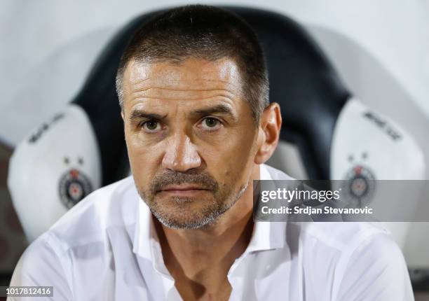 Head coach Zoran Mirkovic of Partizan looks on prior to the UEFA Europa League Third Round Qualifier Second Leg match between Partizan and...