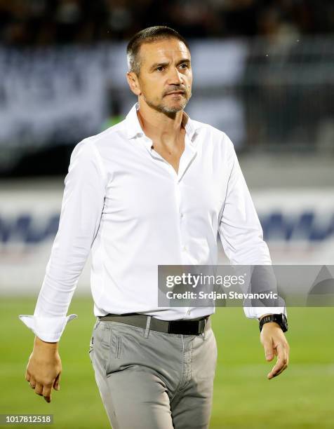 Head coach Zoran Mirkovic of Partizan looks on prior to the UEFA Europa League Third Round Qualifier Second Leg match between Partizan and...