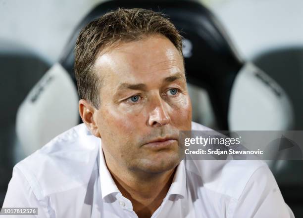 Head coach Kasper Hjulmand of Nordsjaelland looks on prior to the UEFA Europa League Third Round Qualifier Second Leg match between Partizan and...