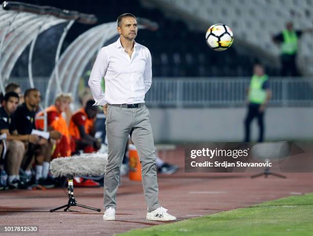 Head coach Zoran Mirkovic of Partizan looks on during the UEFA Europa League Third Round Qualifier Second Leg match between Partizan and...