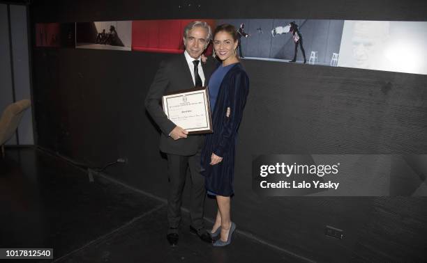 Imanol Arias and Irene Meritxell attend 'Imanol Arias Named Guest Of Honour In Buenos Aires' ceremony at the Maipo Theater on August 16, 2018 in...