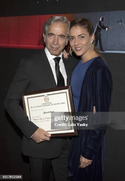 Imanol Arias and Irene Meritxell attend 'Imanol Arias Named Guest Of Honour In Buenos Aires' ceremony at the Maipo Theater on August 16, 2018 in...