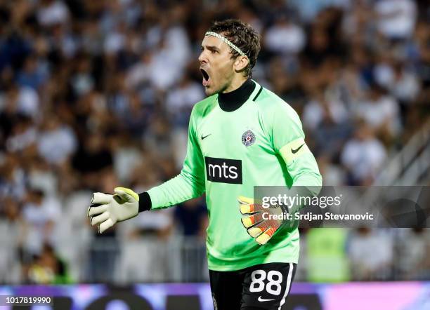 Goalkeeper Vladimir Stojkovic of Partizan reacts during the UEFA Europa League Third Round Qualifier Second Leg match between Partizan and...