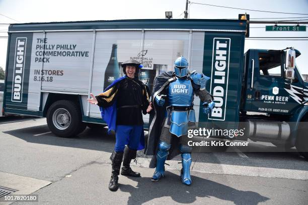 Bud Light's Bud Knight meets and Bud Light's Town Crier meet with fans as they eagerly wait at Bell Beverage to receive Bud Lights Philly Philly...