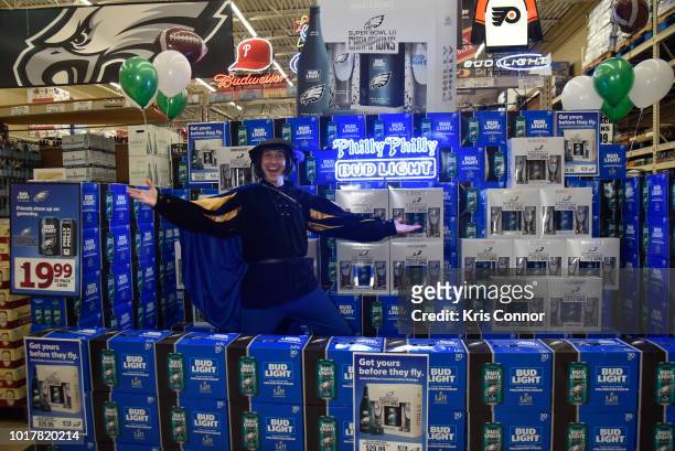 The Bud Light Town Crier meets with fans as they eagerly wait at Bell Beverage to receive Bud Lights Philly Philly Commemorative Super Bowl LII Pack...