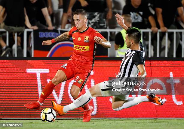 Karlo Bartolec of Nordsjaelland in action against Goran Zakaric of Partizan during the UEFA Europa League Third Round Qualifier Second Leg match...