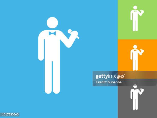 man holding microphone flat icon on blue background - orange bow tie stock illustrations
