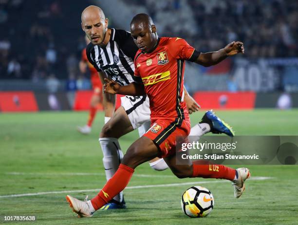 Jonathan Amon of Nordsjaelland in action against Nemanja Miletic of Partizan during the UEFA Europa League Third Round Qualifier Second Leg match...