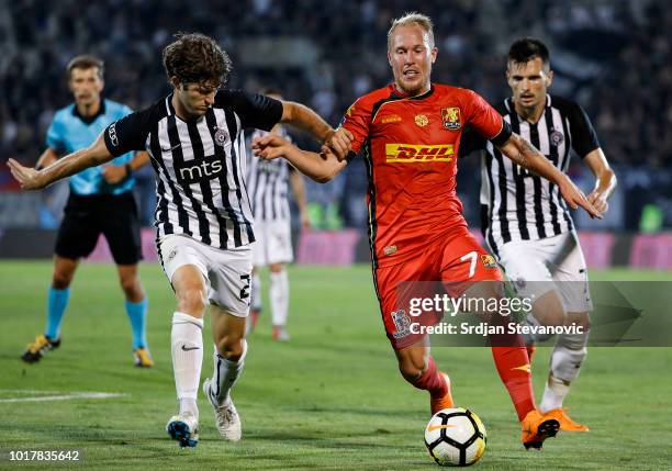 Mikkel Rygaard of Nordsjaelland in action against Nebojsa Kosovic of Partizan during the UEFA Europa League Third Round Qualifier Second Leg match...