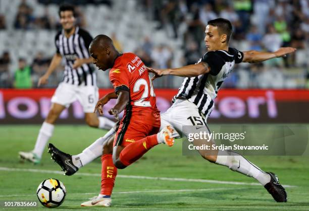 Jonathan Amon of Nordsjaelland in action against Svetozar Markovic of Partizan during the UEFA Europa League Third Round Qualifier Second Leg match...