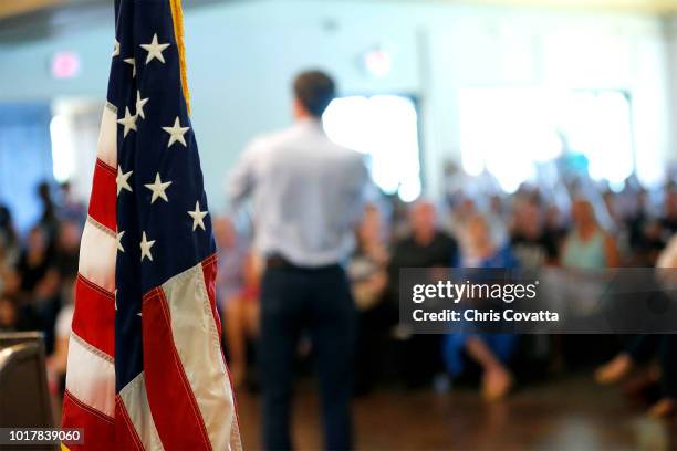 Rep Beto O'Rourke of El Paso speaks during a town hall meeting at the Quail Point Lodge on August 16, 2018 in Horseshoe Bay, Texas. ORourke will be...