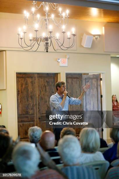 Rep Beto O'Rourke of El Paso speaks during a town hall meeting at the Quail Point Lodge on August 16, 2018 in Horseshoe Bay, Texas. ORourke will be...