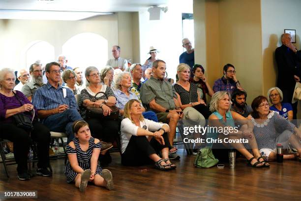 Supporters listen as U.S. Rep Beto O'Rourke of El Paso speaks during a town hall meeting at the Quail Point Lodge on August 16, 2018 in Horseshoe...