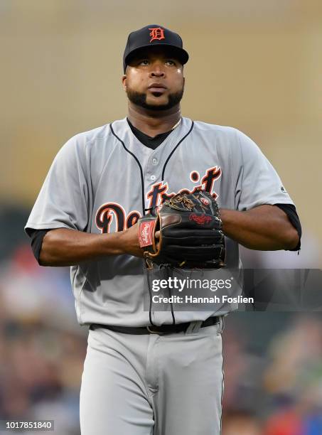 Francisco Liriano of the Detroit Tigers reacts after walking Joe Mauer of the Minnesota Twins during the second inning of the game on August 16, 2018...