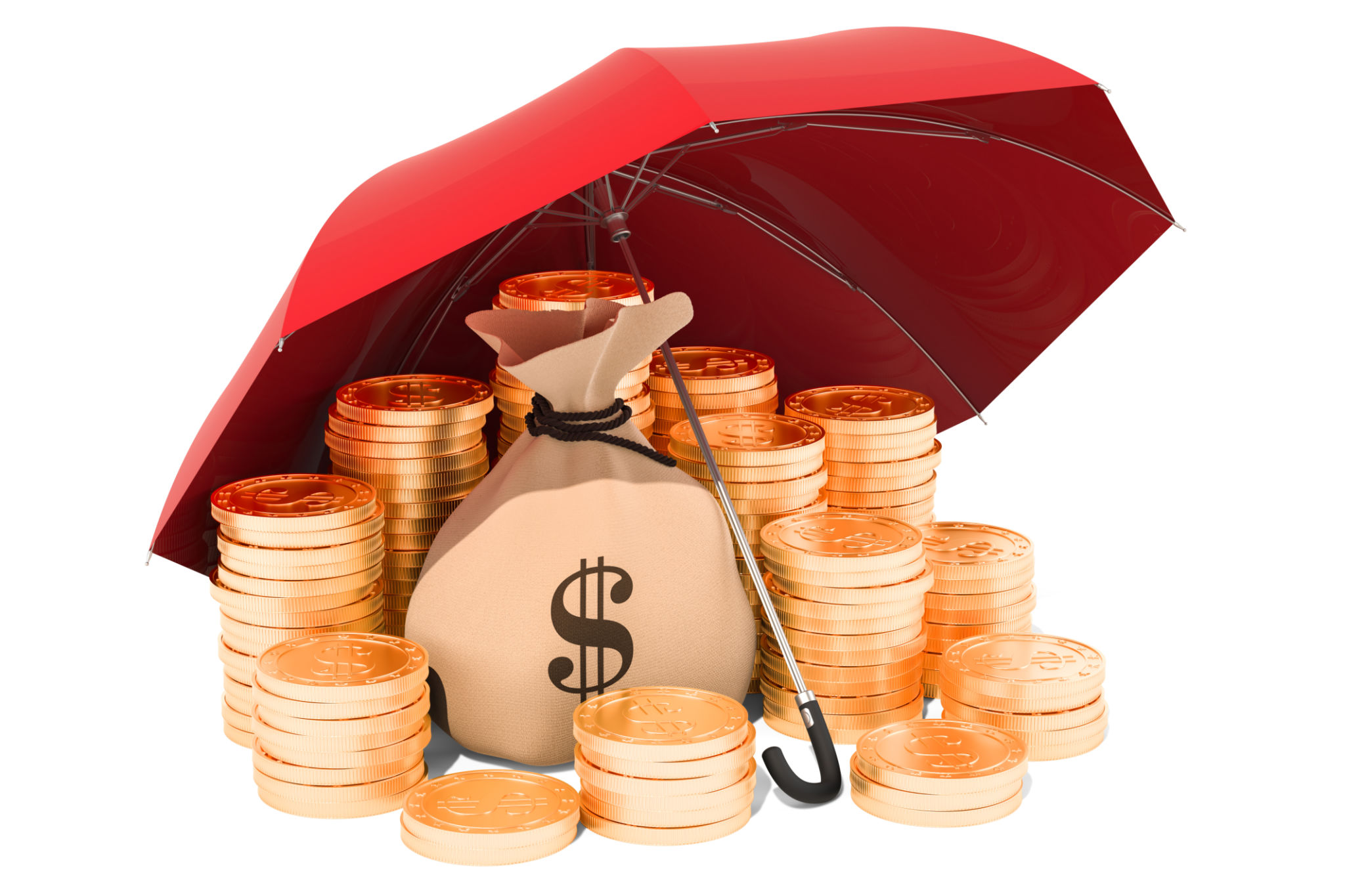 Dollar coins and money bag with dollar under umbrella. Financial insurance concept, 3D rendering isolated on white background Dollar coins and money bag with dollar under umbrella. Financial insurance concept, 3D rendering isolated on white background