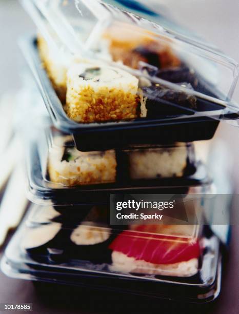 sushi in box lunches - box container stock pictures, royalty-free photos & images