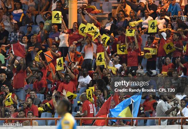 In this handout image provided by CPL T20, Supporters of Trinbago Knight Riders during match 9 of the Hero Caribbean Premier League between St Lucia...
