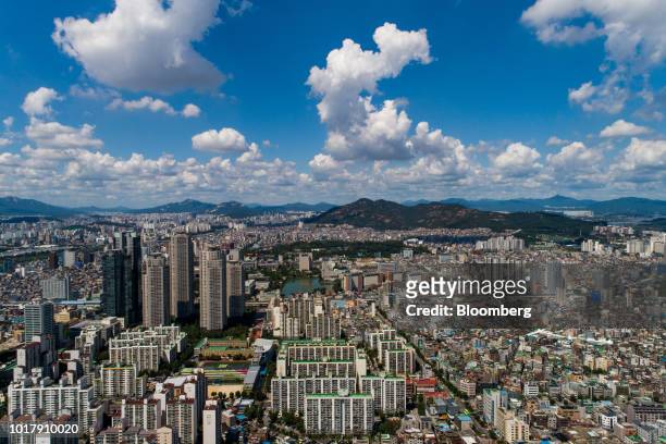 Buildings stand in this aerial photograph taken in Seoul, South Korea, on Saturday, Aug. 11, 2018. South Korea recorded all-time high temperatures...