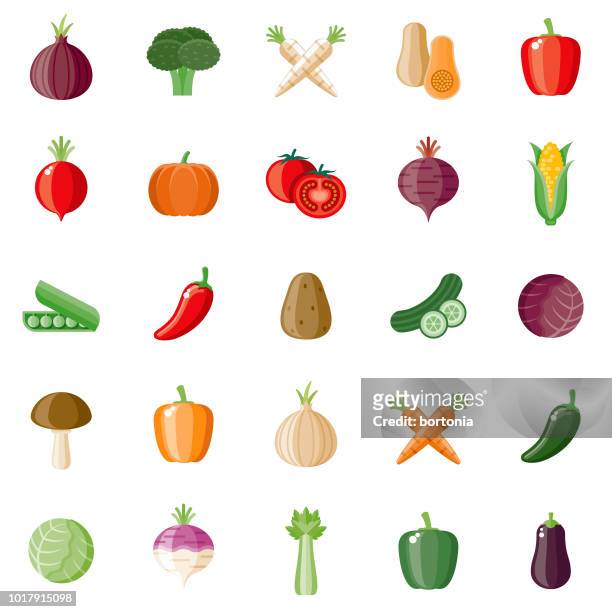illustrazioni stock, clip art, cartoni animati e icone di tendenza di set di icone di design piatto verdure - broccolo