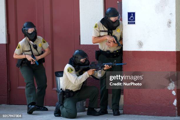 Los Angeles Sheriffs deputies participate in an active shooter drill in a high school near Los Angeles, California on August 16, 2018.