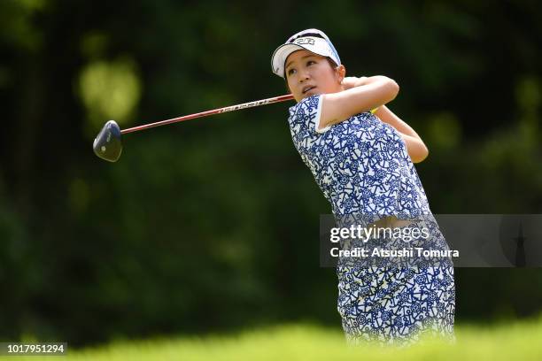 Asako Fujimoto of Japan hits her tee shot on the 4th hole during the first round of the CAT Ladies at Daihakone Country Club on August 17, 2018 in...