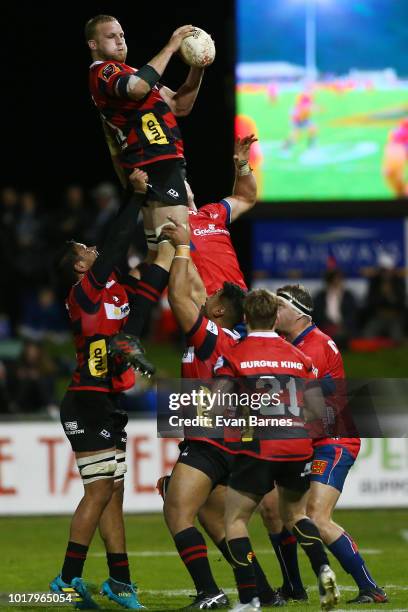 Mitchell Dunshea of Canterbury takes the line out ball during the round one Mitre 10 Cup match between Tasman and Canterbury on August 17, 2018 in...