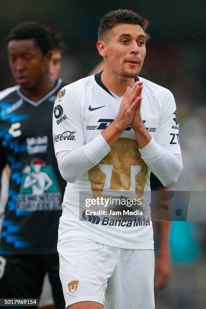 Kevin Escamilla of Pumas reacts during the fourth round match between Pumas UNAM and Pachuca as part of the Torneo Apertura 2018 Liga MX at Olimpico...