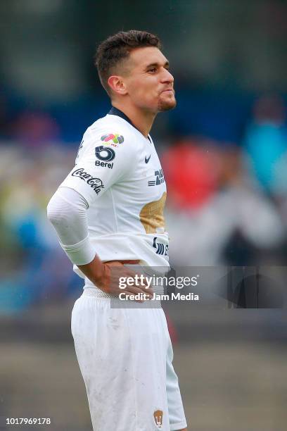 Kevin Escamilla of Pumas reacts during the fourth round match between Pumas UNAM and Pachuca as part of the Torneo Apertura 2018 Liga MX at Olimpico...