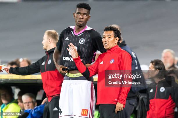 Umeh Chukwuemeka of AS Trencin, coach Ricardo Moniz of AS Trencin during the UEFA Europa League third round qualifying second leg match between...