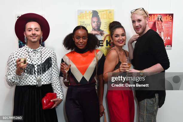 Kalon Rae, Annaliese Dayes, Lauren Bannon and Lewis-Duncan Weedon attend a private view of Attitude Magazine's exhibition celebrating their 300th...