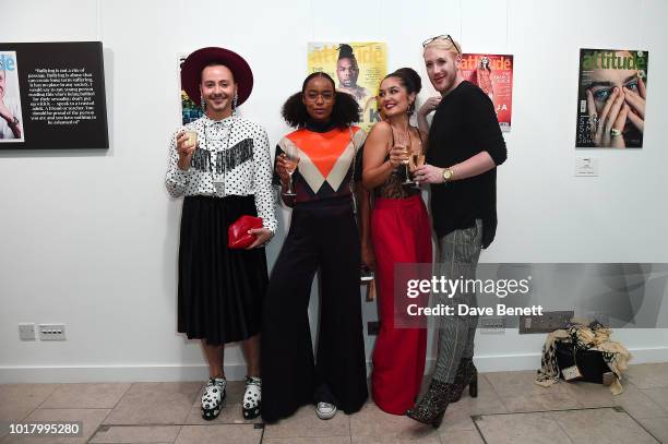 Kalon Rae, Annaliese Dayes, Lauren Bannon and Lewis-Duncan Weedon attend a private view of Attitude Magazine's exhibition celebrating their 300th...