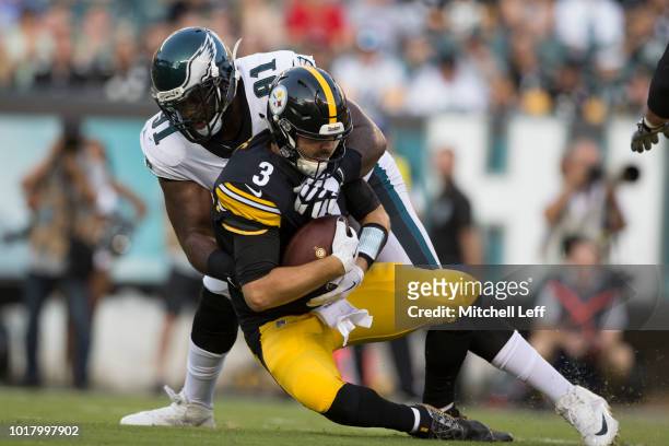 Fletcher Cox of the Philadelphia Eagles sacks Landry Jones of the Pittsburgh Steelers during the preseason game at Lincoln Financial Field on August...