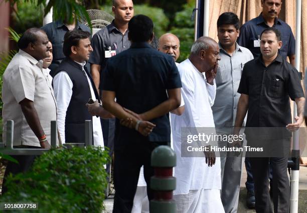 Deve Gowda, former prime minster of India, along with Akhilesh Yadav, former chief minister of Uttar Pradesh, HD Kumaraswamy, chief minister of...