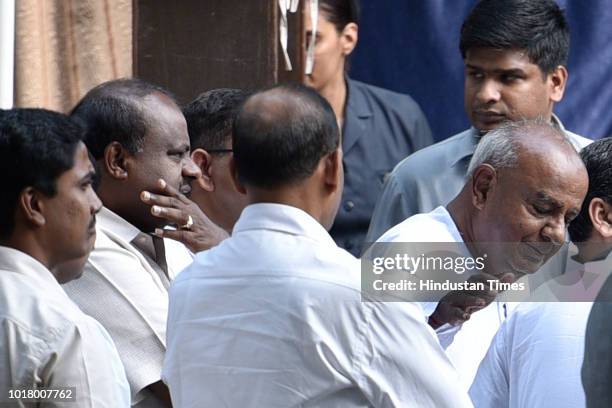 Deve Gowda, former Prime Minster of India along with H. D. Kumaraswamy, CM of Karnataka arrive to pay homage to Late Atal Bihari Vajpayee at his...