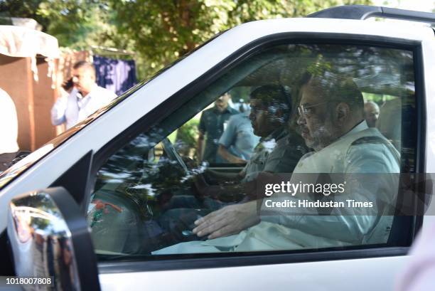 State president Amit Shah arrives at the residence of former Prime Minister Atal Bihari Vajpayee to pay his last respects before the funeral...