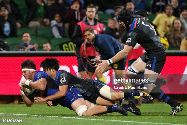 Brynard Stander of the Force crosses for a try during the World Series Rugby match between the Force and Wild Knights at nib Stadium on August 17,...