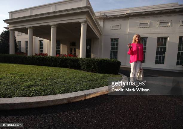 White House Counsel, Kellyanne Conway speaks to the media in front of the West Wing of the White House on August 17, 2018 in Washington, DC....