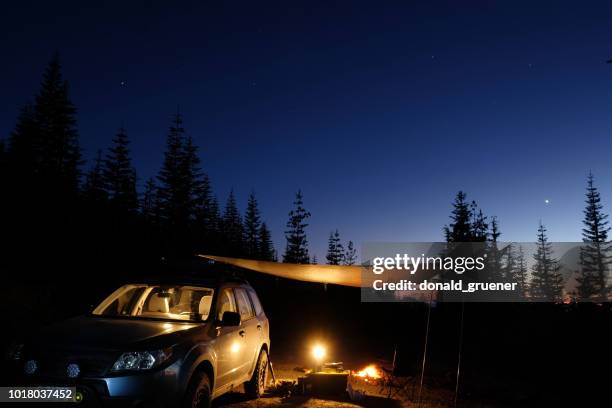 subaru forester at campsite in oregon wilderness - fuji heavy industries stock pictures, royalty-free photos & images