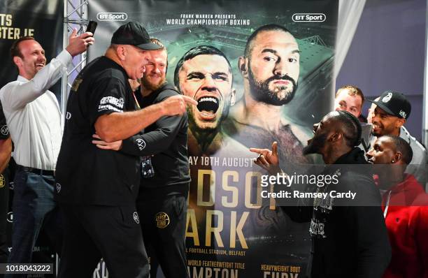 Belfast , United Kingdom - 17 August 2018; John Fury, left, father of Tyson Fury, exchanges words with WBC Heavyweight champion Deontay Wilder during...