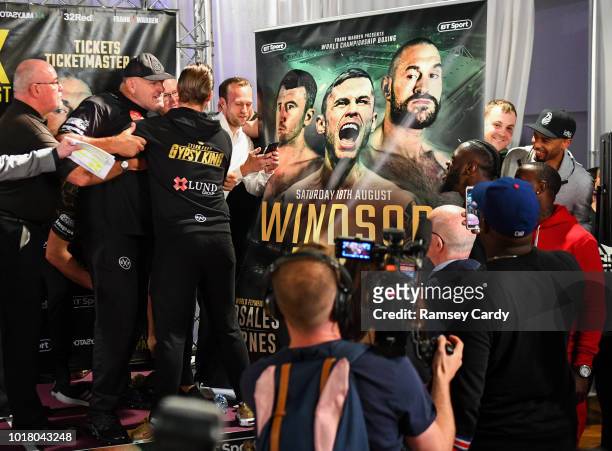 Belfast , United Kingdom - 17 August 2018; John Fury, left, father of Tyson Fury, exchanges words with WBC Heavyweight champion Deontay Wilder during...