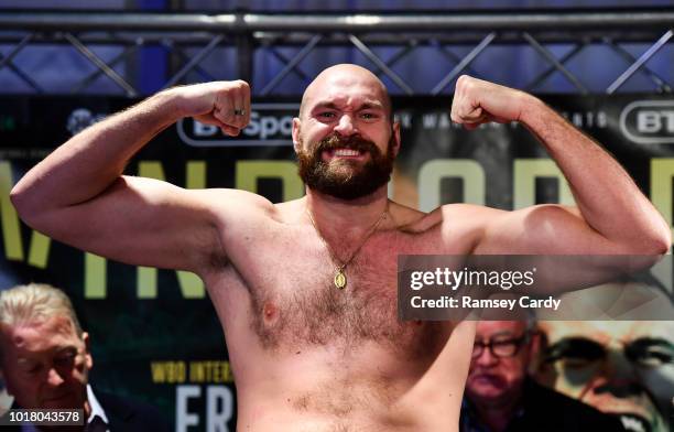 Belfast , United Kingdom - 17 August 2018; Tyson Fury weighs in prior to his bout with Francesco Pianeta during the Windsor Park boxing weigh ins at...