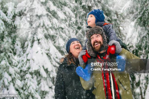 family in a winter walk - winter stock pictures, royalty-free photos & images